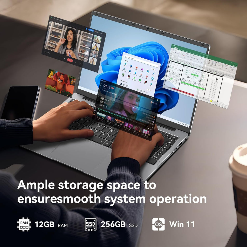 15.6' FHD Laptop, 12GB RAM 256GB SSD, Celeron N4000, Win 11 Essential Laptop Computer for Student Online Class, Home, Netflix,Lightweight & Portable, Long Battery Life