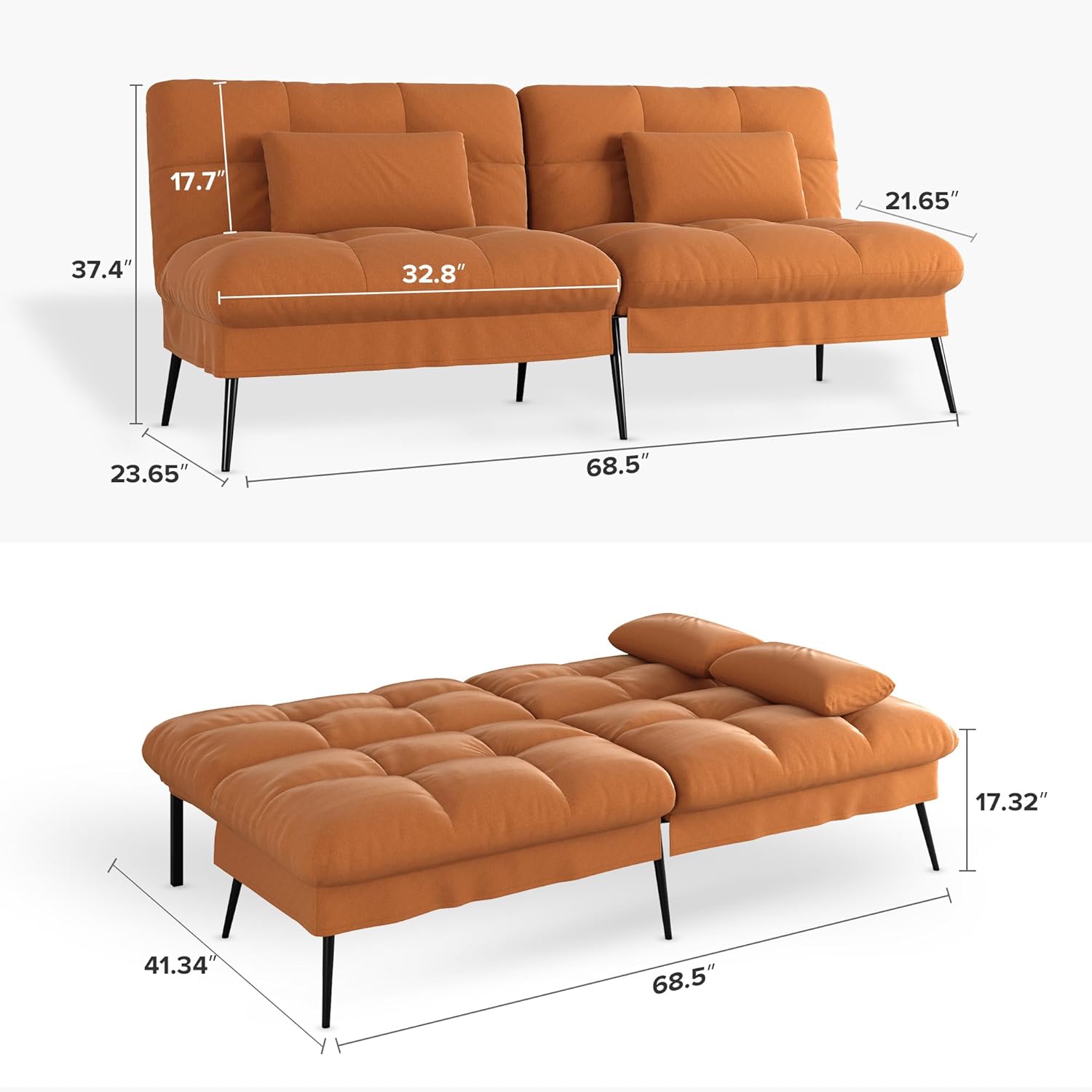 COMHOMA 72″ Futon Sofa Bed,Convertible Fabric Futons Couch with Adjustable Backrest, Folding Sleeper Recliner for Living Room Furniture (Orange)