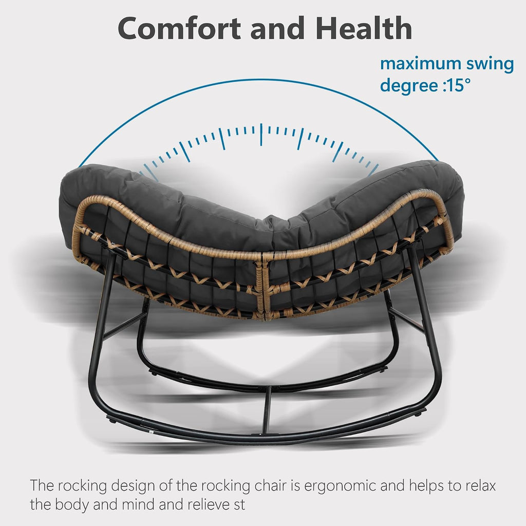 Outdoor Papasan Rocking Chair,Papasan Chairs with Cushion and Frame,Oversized Papasan Rocking Egg Chairs,Rattan Rocking Papasan Chair for Living Room,Outdoor.Gray