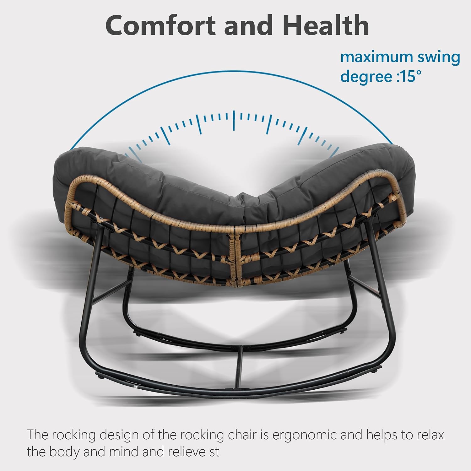 Outdoor Papasan Rocking Chair,Papasan Chairs with Cushion and Frame,Oversized Papasan Rocking Egg Chairs,Rattan Rocking Papasan Chair for Living Room,Outdoor.Gray