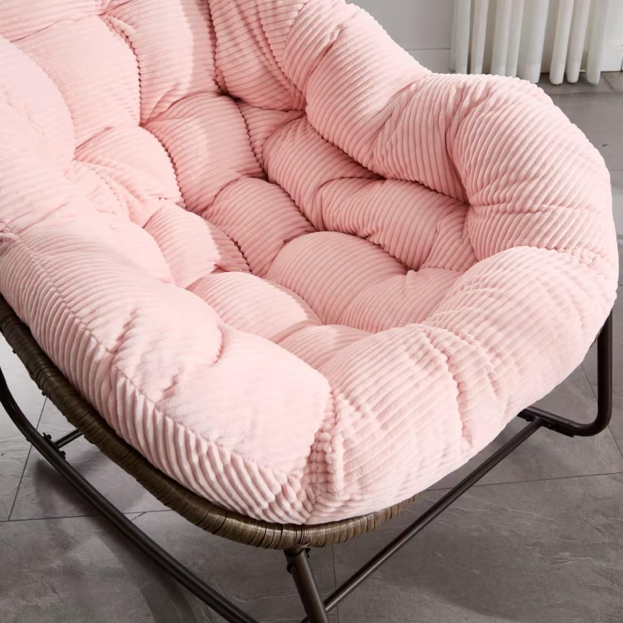Outdoor Rattan Rocking Chair Oversized Papasan Recliner Lounger, Steel Frame & Thick Corduroy Cushion, Indoor/Outdoor Use for Patio, Porch, Backyard, Garden, Balcony, Pink