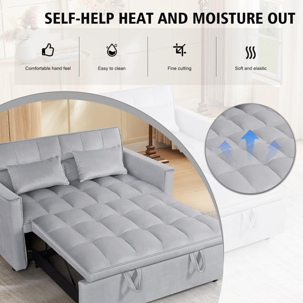 3 in 1 Convertible Sleeper Sofa Bed, 54'' Full Size Velvet Pull Out Futon Couch Recliner with Reclining Backrest & 2 Pillows, Small Loveseat Lounge Couches for Small Spaces (Silver Grey)