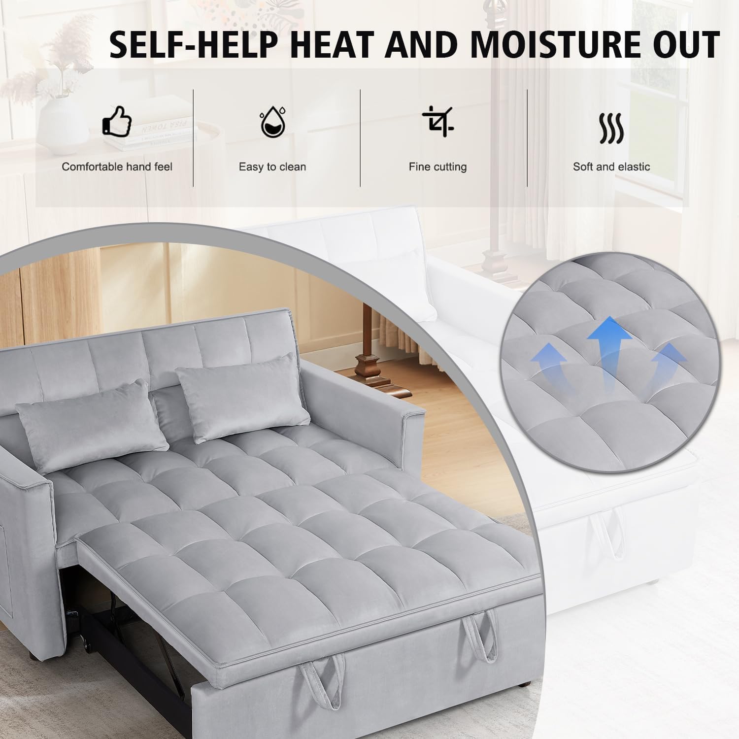 3 in 1 Convertible Sleeper Sofa Bed, 54'' Full Size Velvet Pull Out Futon Couch Recliner with Reclining Backrest & 2 Pillows, Small Loveseat Lounge Couches for Small Spaces (Silver Grey)