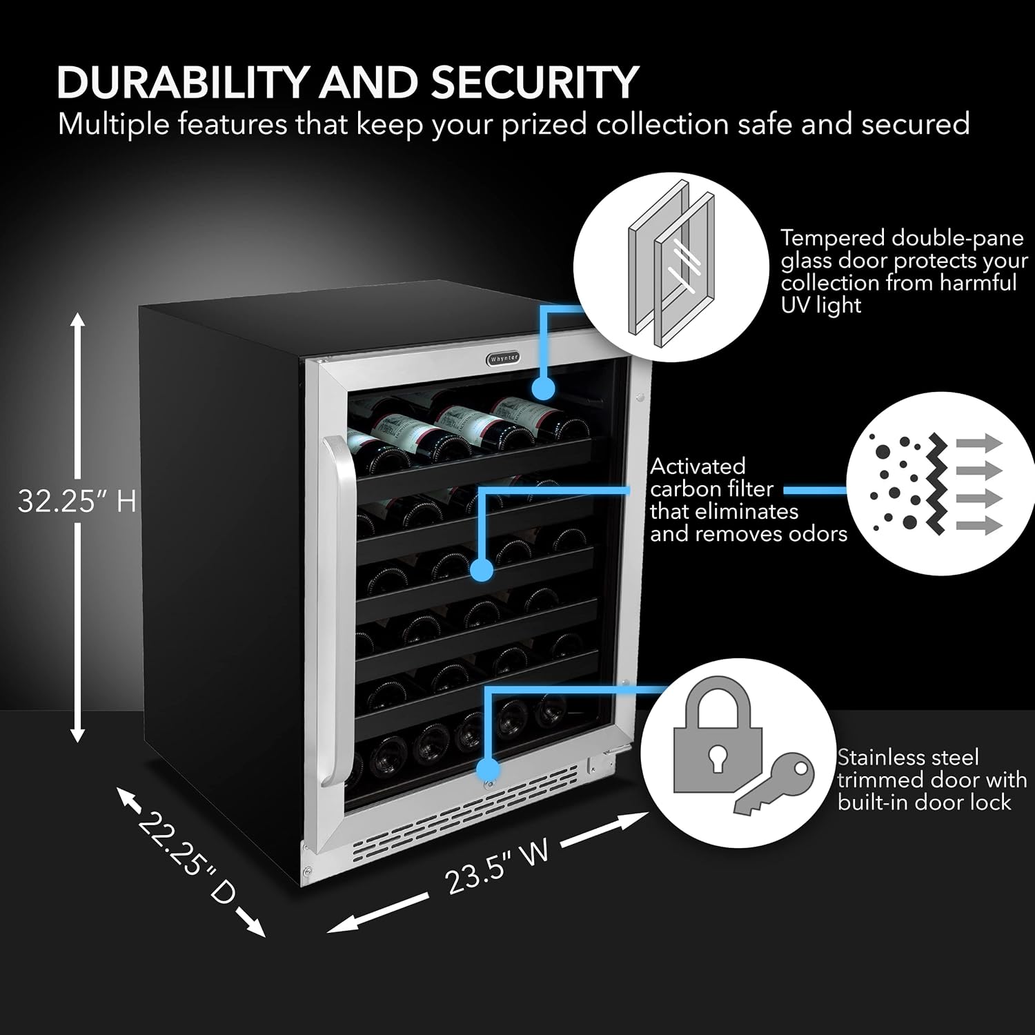 Whynter BWR-408SB 24 inch Built-in 46 Bottle Undercounter Stainless Steel Wine Refrigerator with Reversible Door, Digital Control and Lock
