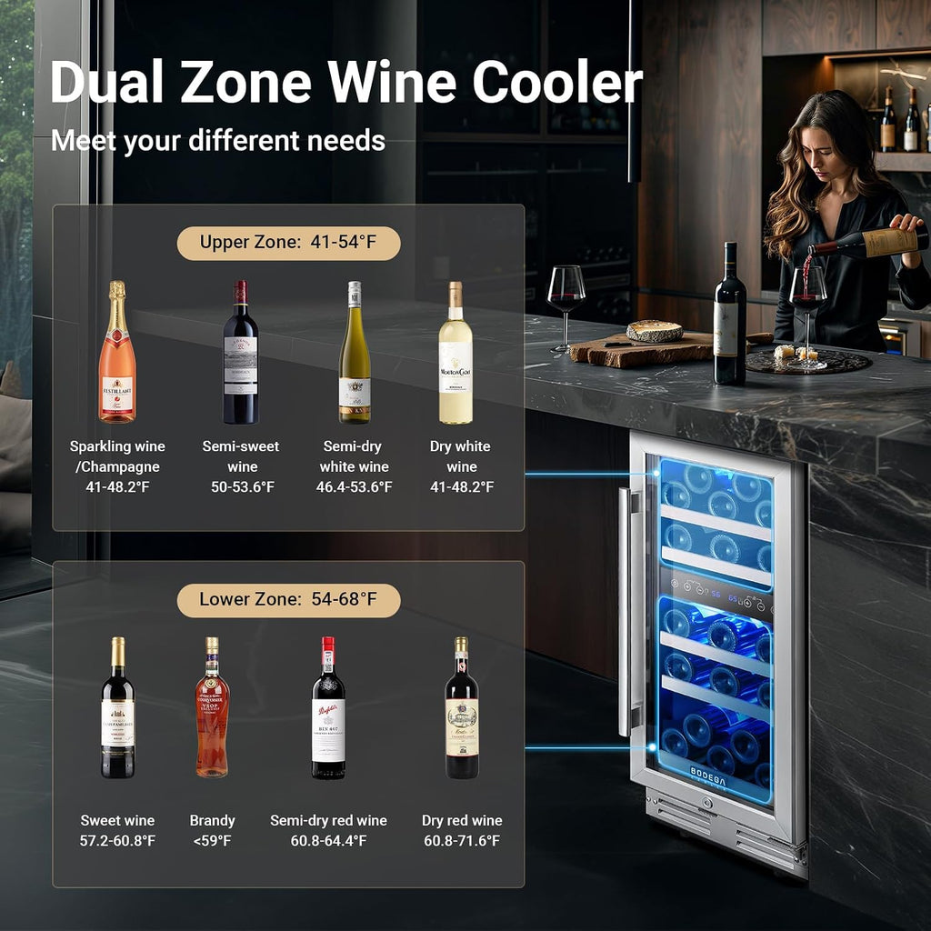 BODEGA 15 Inch Wine Cooler Dual Zone, 30 Bottle, Built-In or Under Counter Freestanding Wine Cooler Refrigerator With Stainless Steel Handle, Wine Fridge With Lock, Energy Efficient,For Home, Kitchen