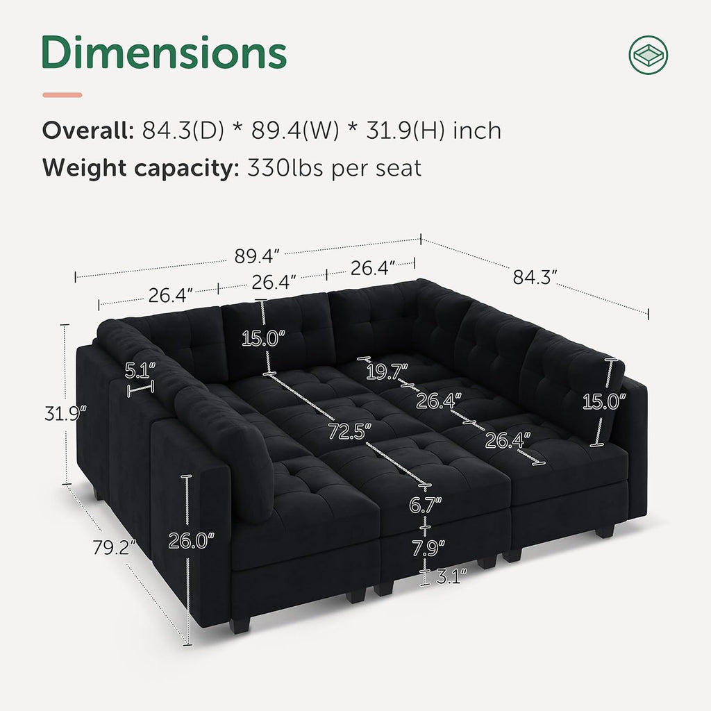 HONBAY Sectional Couch with Storage, Modular Sectional Sofa, Velvet Couches for Living Room, Black