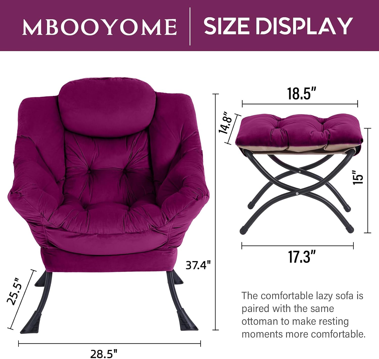 MBOOYOME Lazy Chair with Folding Ottoman, Modern Accent Armchair with Armrests, Side Pocket & Foldable Footstool, Reading Chair for Living Room, Bedroom, Dorm & Office, Velvet Purple