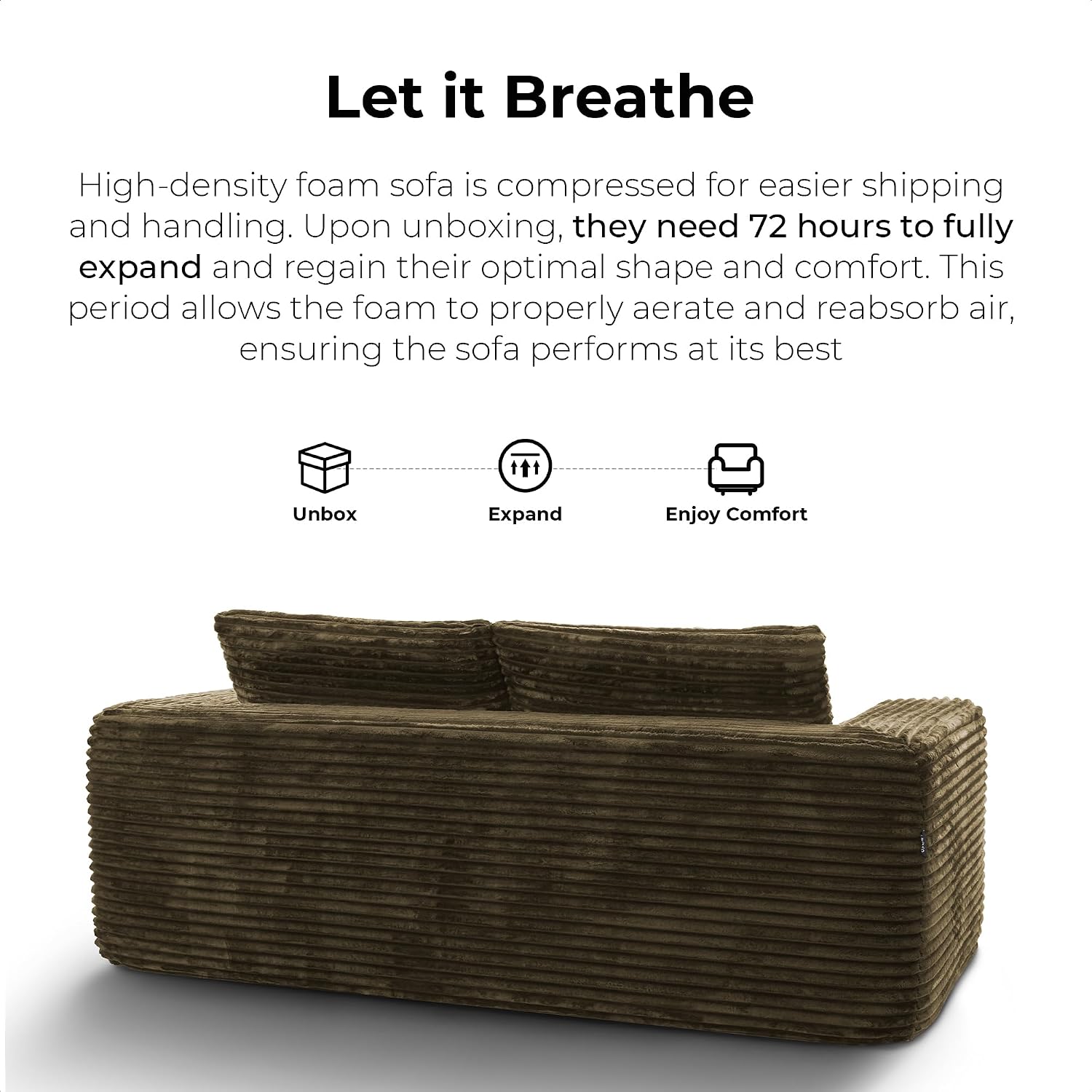 LIKIMIO Liorin Plush 71' Luxury Corduroy Boneless Cloud Couch, No Assembly Small Space Loveseat for Apartment, Office & Living Room, Brown