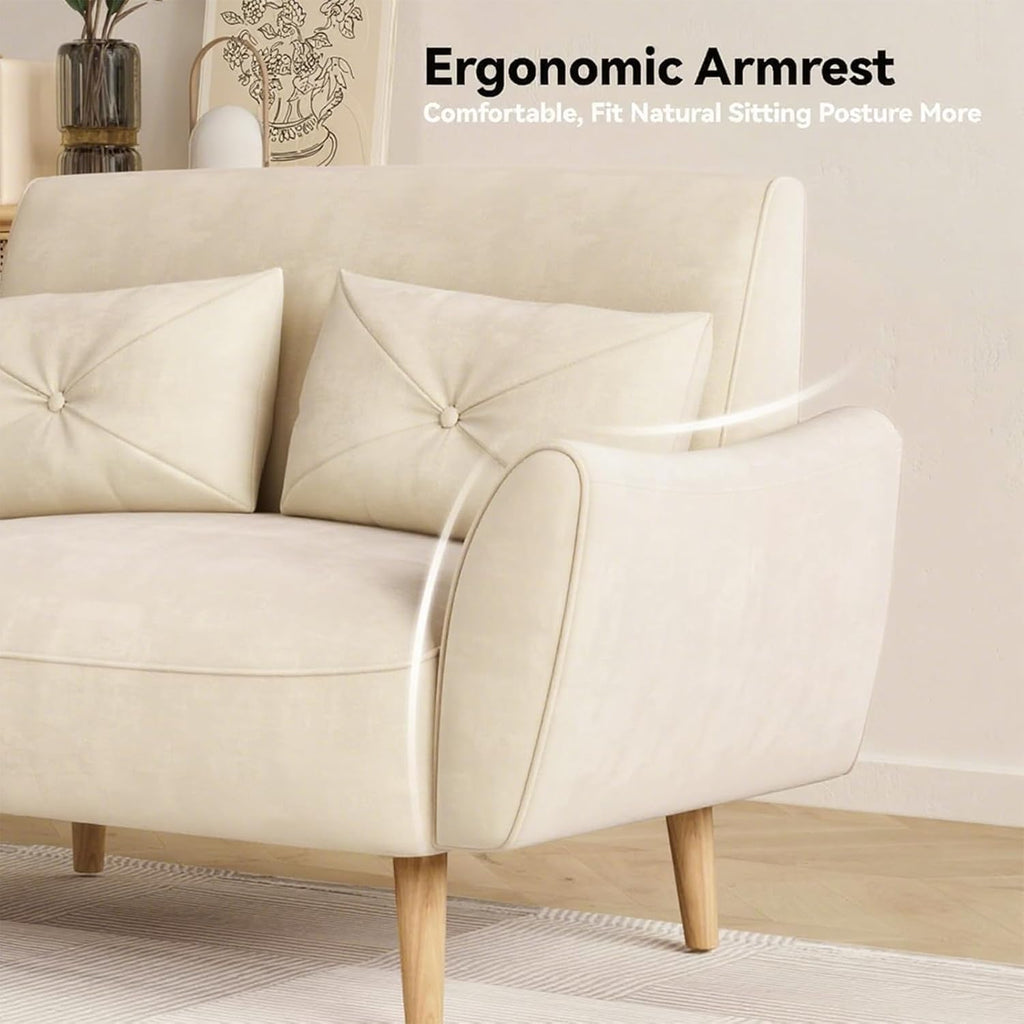 Brelice Loveseat Sofa, 47' Velvet Couch for Bedroom, Convertible Wooden Tray & Ergonomic Armrest, for Small Space, Apartment, Living Room, Home Office, Easy Assembly, Beige