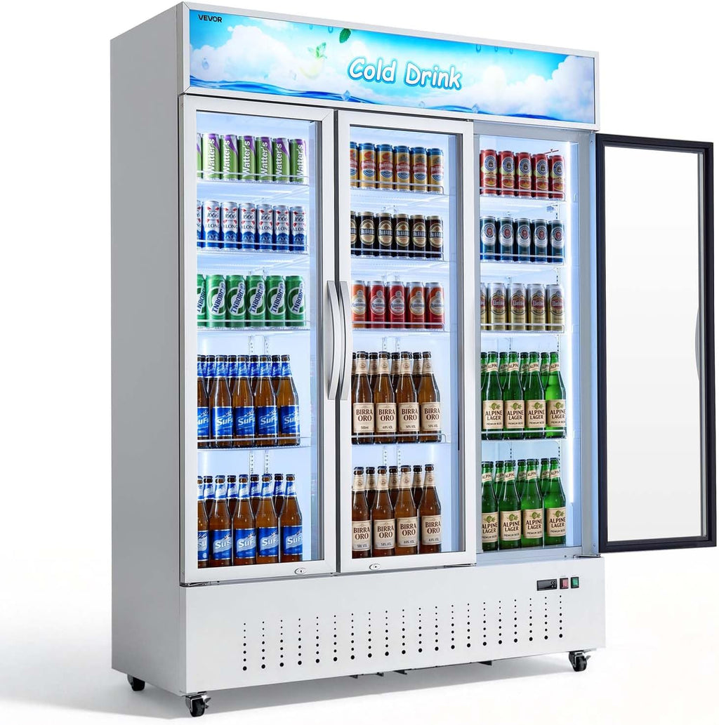 VEVOR Commercial Merchandiser Refrigerator, 36.4 Cu.Ft / 1030L Upright Beverage Cooler, 3 Glass Door Display Refrigerator with Customizable Lightbox, 12 Adjustable Shelves, Soft LED Lighting & Casters