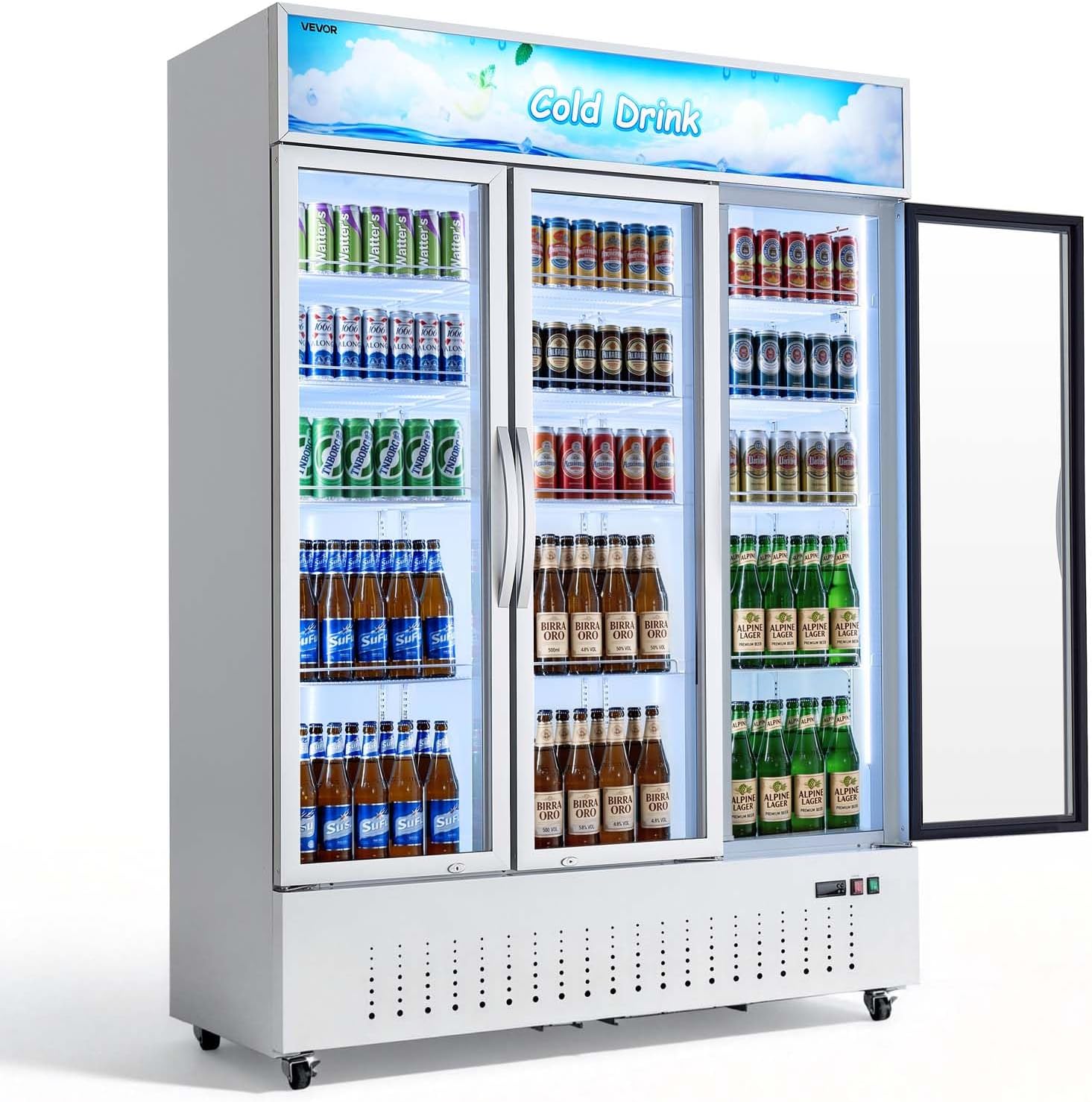 VEVOR Commercial Merchandiser Refrigerator, 36.4 Cu.Ft / 1030L Upright Beverage Cooler, 3 Glass Door Display Refrigerator with Customizable Lightbox, 12 Adjustable Shelves, Soft LED Lighting & Casters