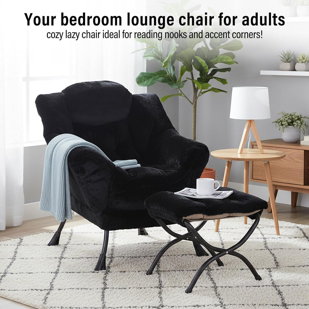 Furlide Lazy Chair with Ottoman, Modern Accent Chair with Armrests and a Side Pocket, Plush Black Accent Chairs, Reading Chairs, Oversized Armchairs for Bedroom, Study, Living Room, Courtyard