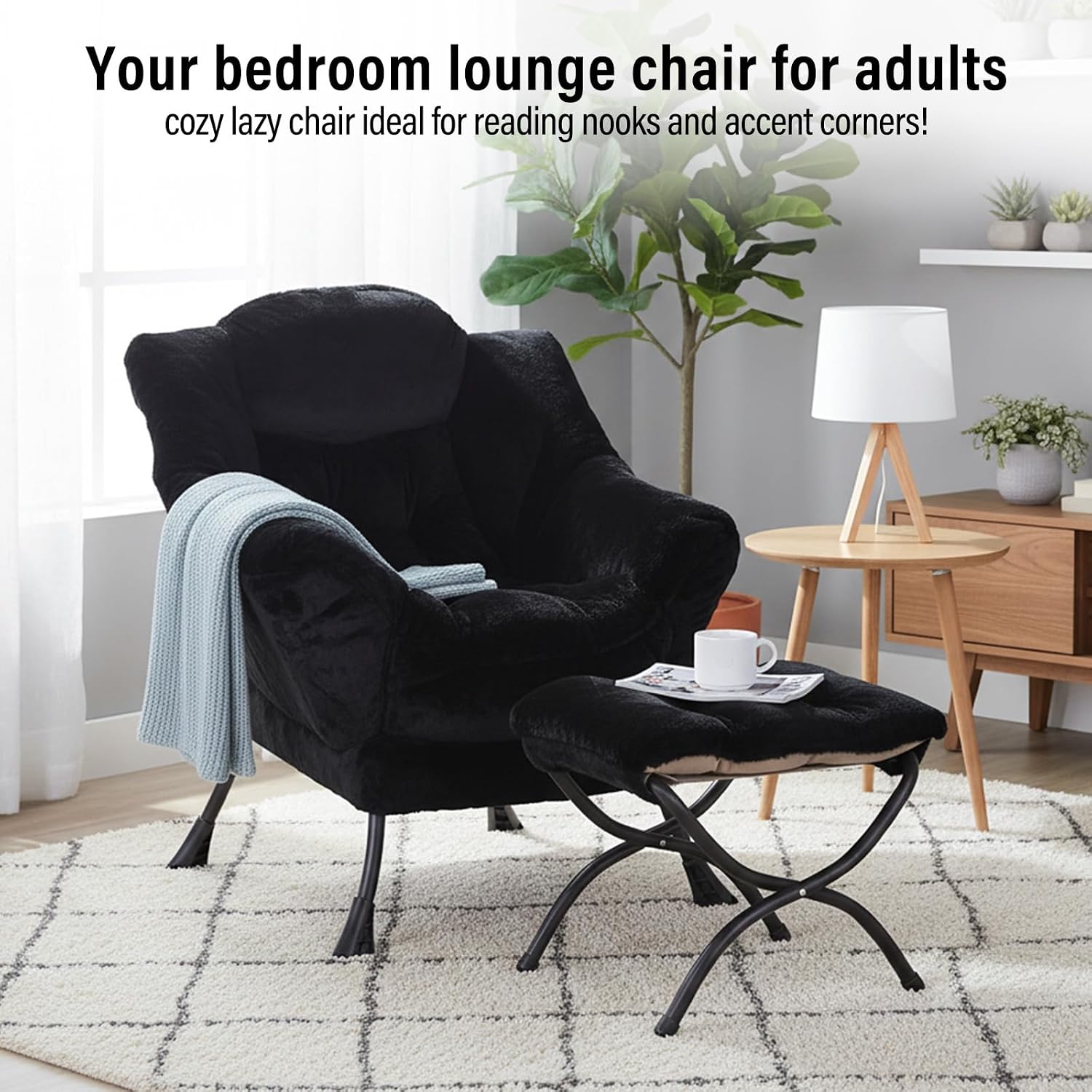 Furlide Lazy Chair with Ottoman, Modern Accent Chair with Armrests and a Side Pocket, Plush Black Accent Chairs, Reading Chairs, Oversized Armchairs for Bedroom, Study, Living Room, Courtyard
