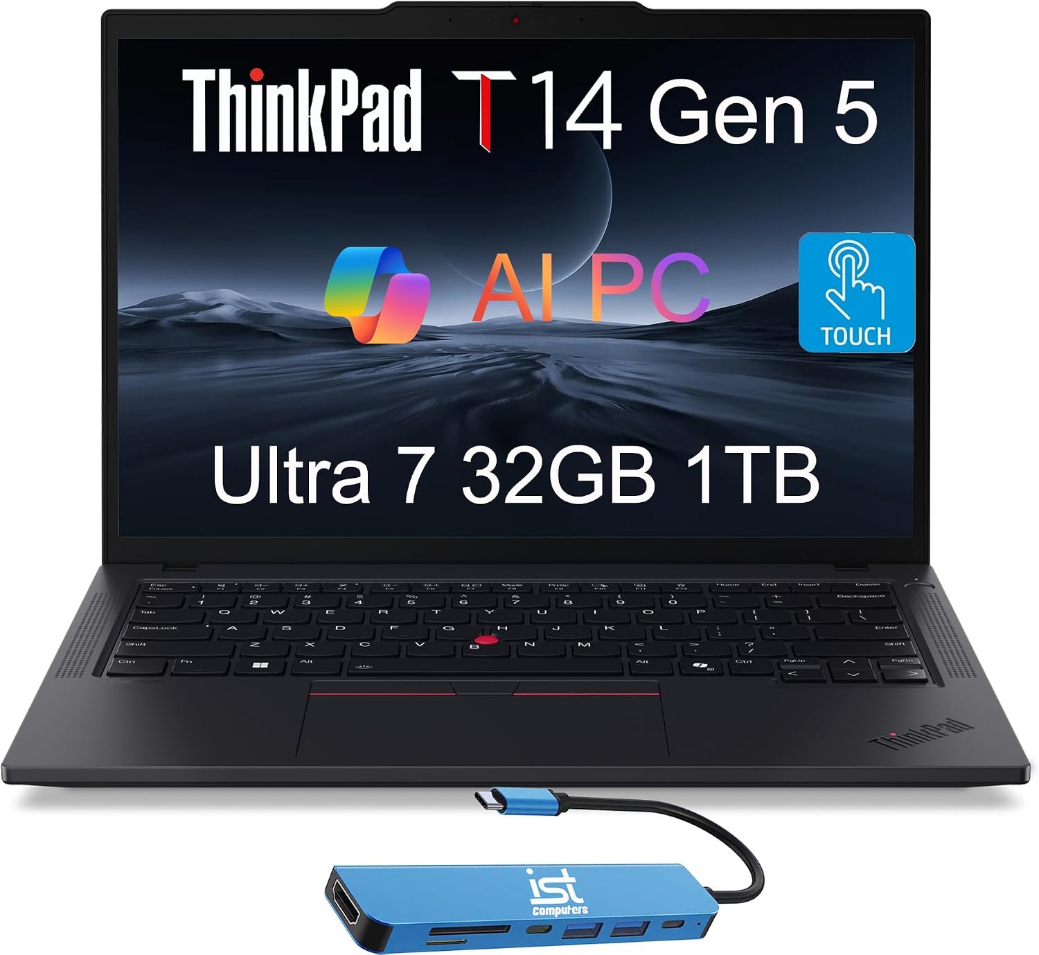 Lenovo ThinkPad T14 Gen 5 Business Laptop (14' FHD+ Touchscreen, Intel Ultra 7 155U (>i7-13700H), 32GB DDR5 RAM, 1TB SSD), 5MP Webcam, 2 Thunderbolt 4, 3-Yr WRT, IST Hub, AI PC, Windows 11 Pro