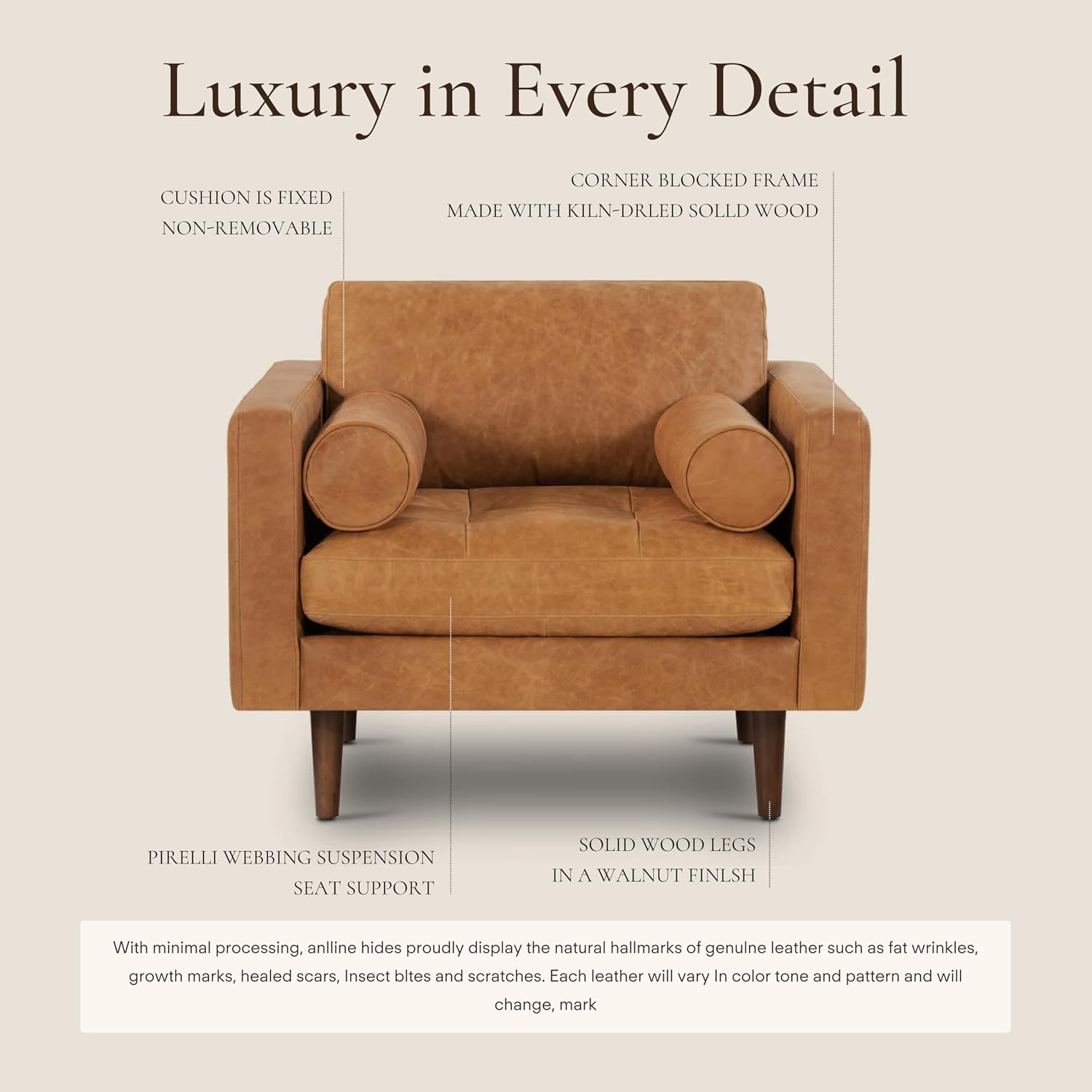POLY & BARK Napa Lounge Chair – 42' – Cognac Tan – Italian-Tanned Full-Grain Pure-Aniline Leather, Feather-Down Cushions, Solid Wood Frame