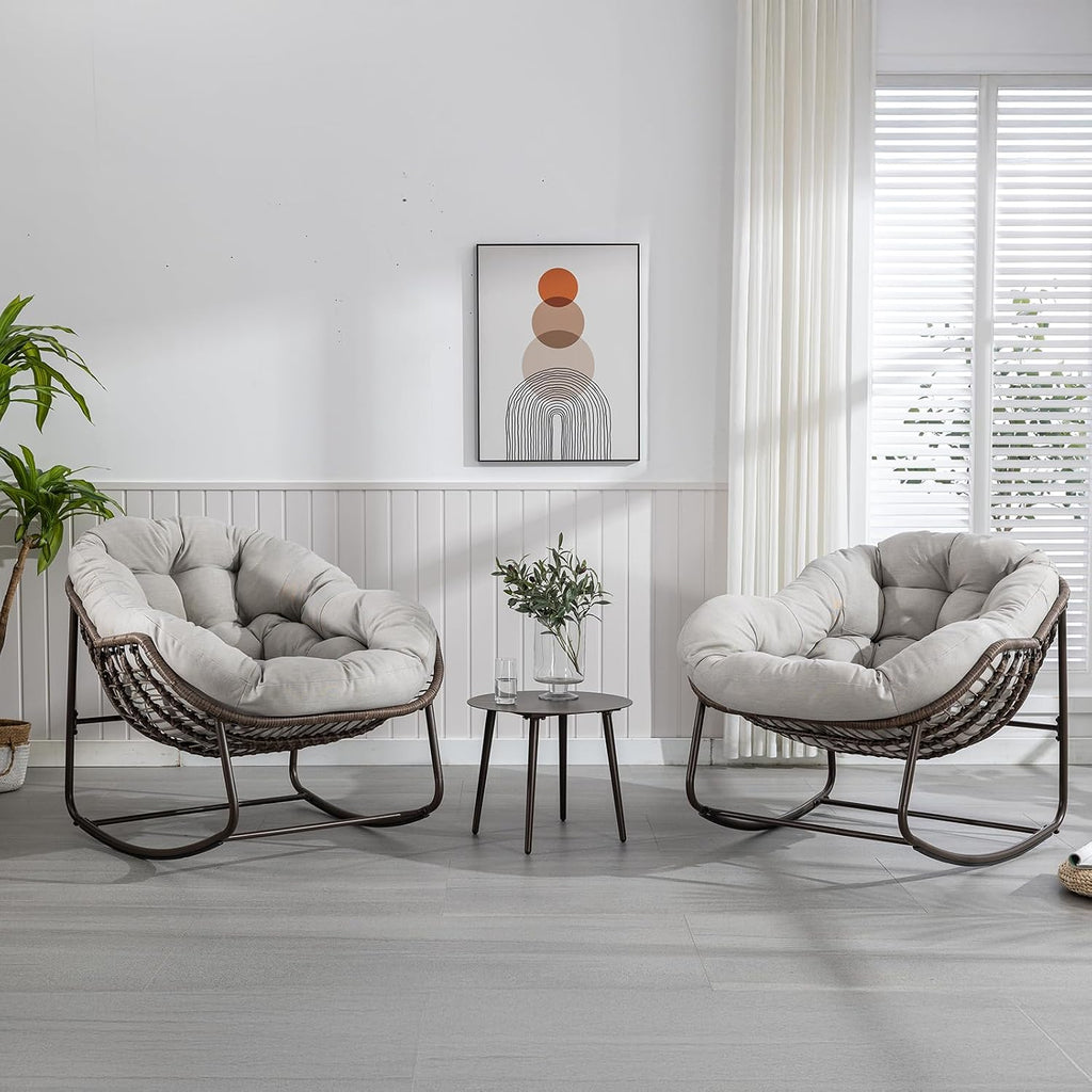 JEEOHEY Papasan Rocking Chairs Outdoor Indoor, Oversized Rattan Rocker Patio Chair with Padded Cushion, Comfy Modern Indoor Egg Chair for Living Room, Bedroom, Porch, Garden, Balcony(Velvet, Beige)