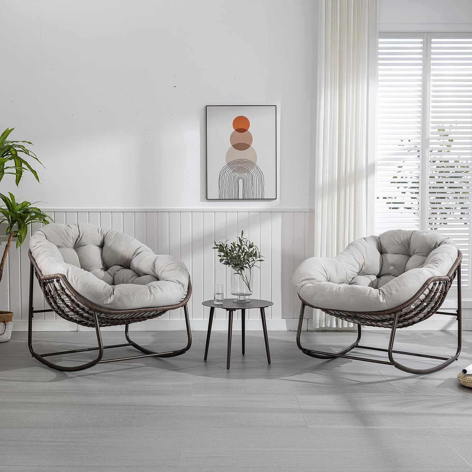 JEEOHEY Papasan Rocking Chairs Outdoor Indoor, Oversized Rattan Rocker Patio Chair with Padded Cushion, Comfy Modern Indoor Egg Chair for Living Room, Bedroom, Porch, Garden, Balcony(Velvet, Beige)