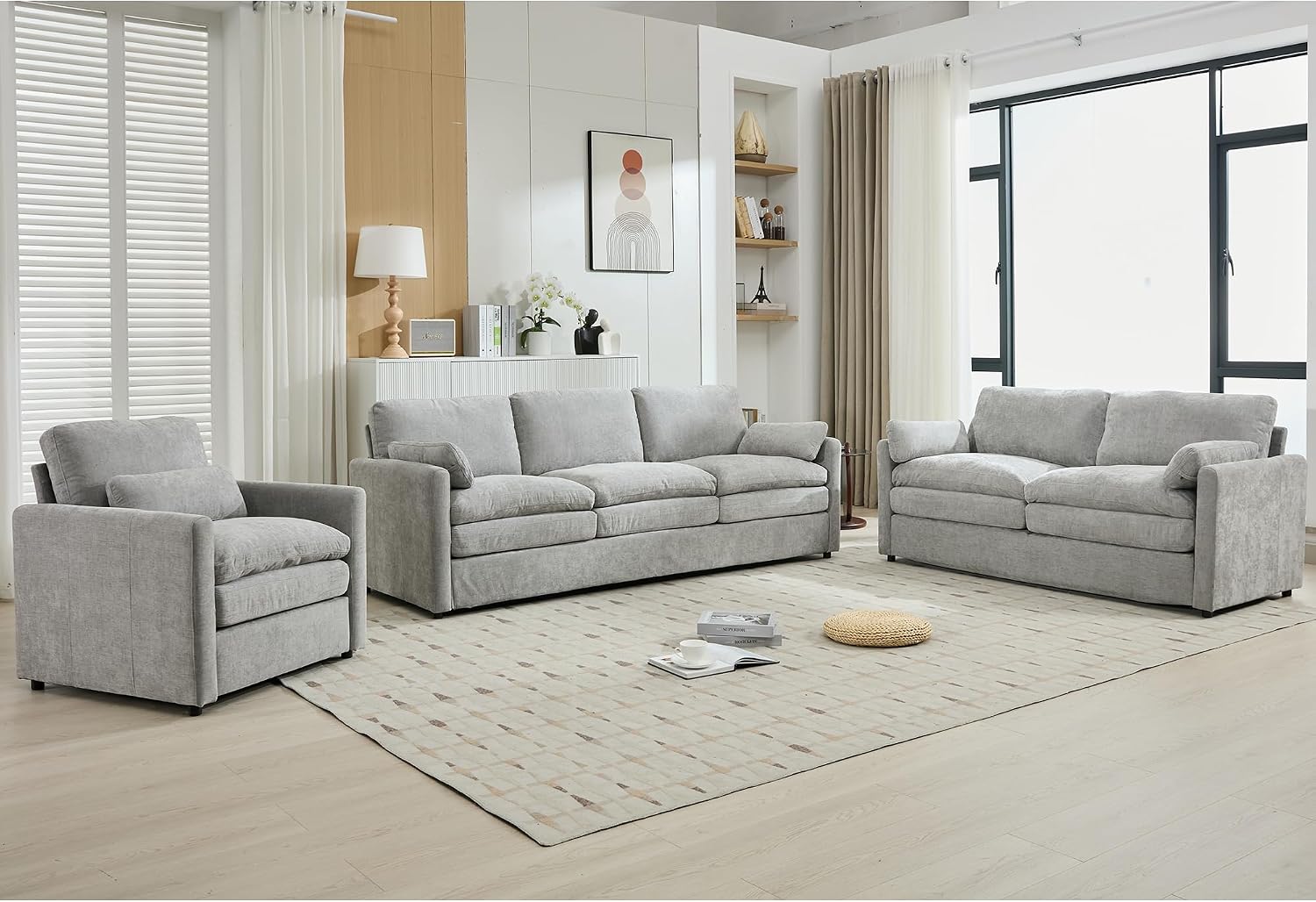 Harper & Bright Designs 3-Piece Chenille Fabric Upholstered Sofa Set with Oversized Comfy Cloud 3-Seater Couch, Loveseat Sofa and Armchair, Double Plush Cushion for Living Room