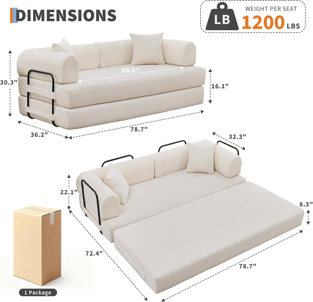 GarveeHome 79' Convertible Sleeper Sofa Bed Couch, 4-in-1 Boneless Corduroy Folding Sofa Bed with Pillow & Fixed-Shape, Floor Mattress Couch Loveseat for Living Room Apartments - No Assembly, Beige