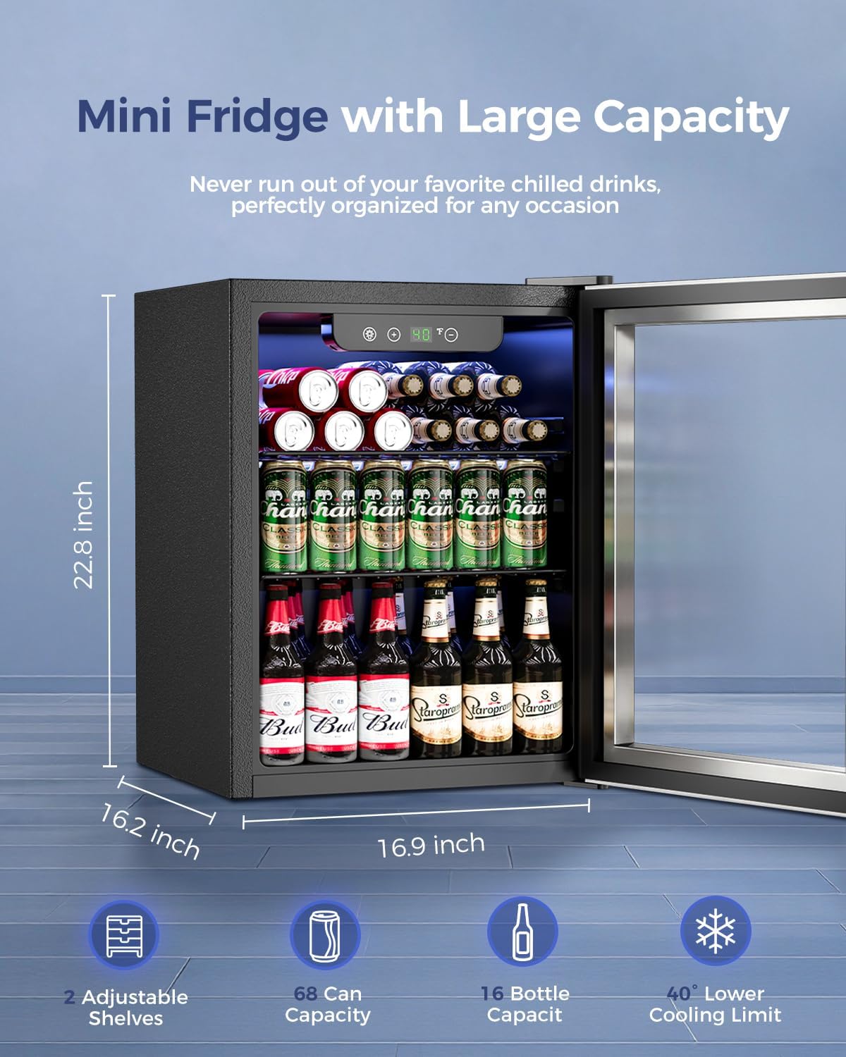 Feelfunn 1.7 Cu.Ft Beverage Refrigerator Cooler - 68 Can Mini Fridge Glass Door for Drink Soda Beer Wine - Small Refrigerator for Bedroom Office Home Dorm Bar, Silver