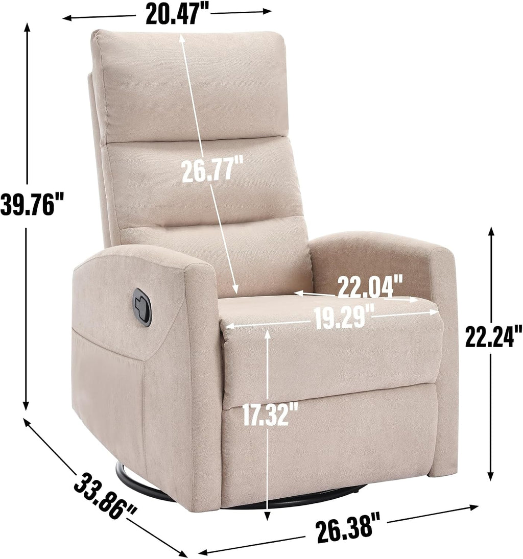 PELUMY Manual Recliner Chair, 360° Swivel Glider and Rocker Recliner with 155° Recline, Compact Fabric Recliner for Small Space, Nursery, Living Room, Bedroom, No Tools Assembly (Beige)
