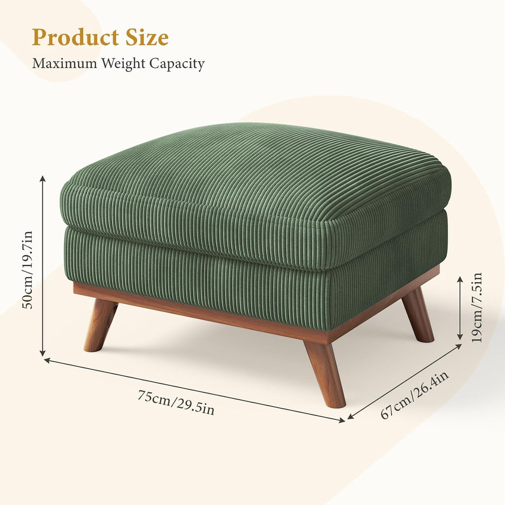 Vesgantti Large Ottoman for Modular Sofa, 29.5' Corduroy Pouf Ottoman with Spring Cushion, Rectangle Foot Rest for Couch, Entrance Footstool with Wood Legs, Footstool for Living Room, Bedroom, Green