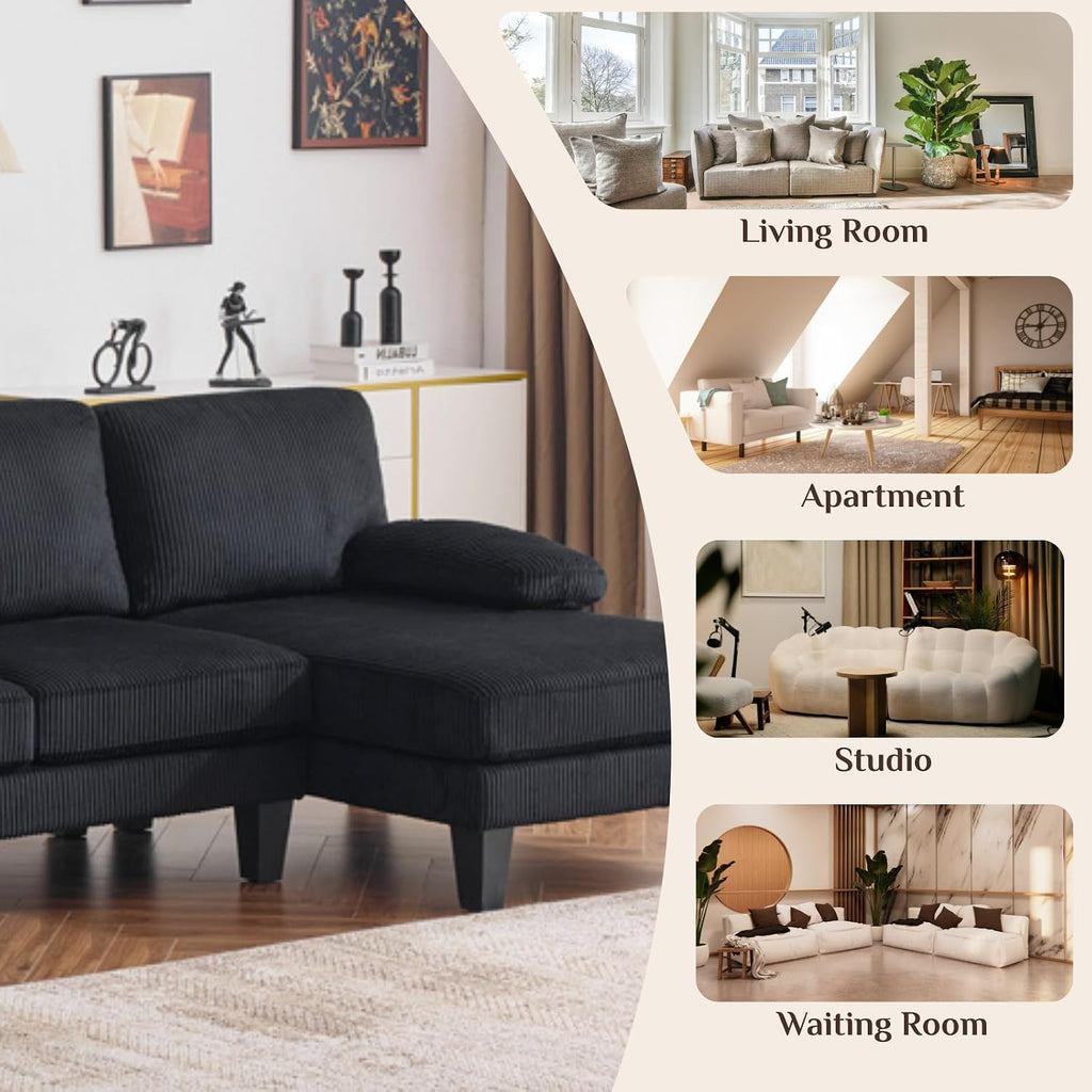 Karl home U-Shape Sectional Sofa Couch 111' Modern 4-Seat Sofa with Chaises Corduroy Fabric Upholstered Covertible Couch with Wood Grain Legs for Living Room, Reception Room, Apartment, Black