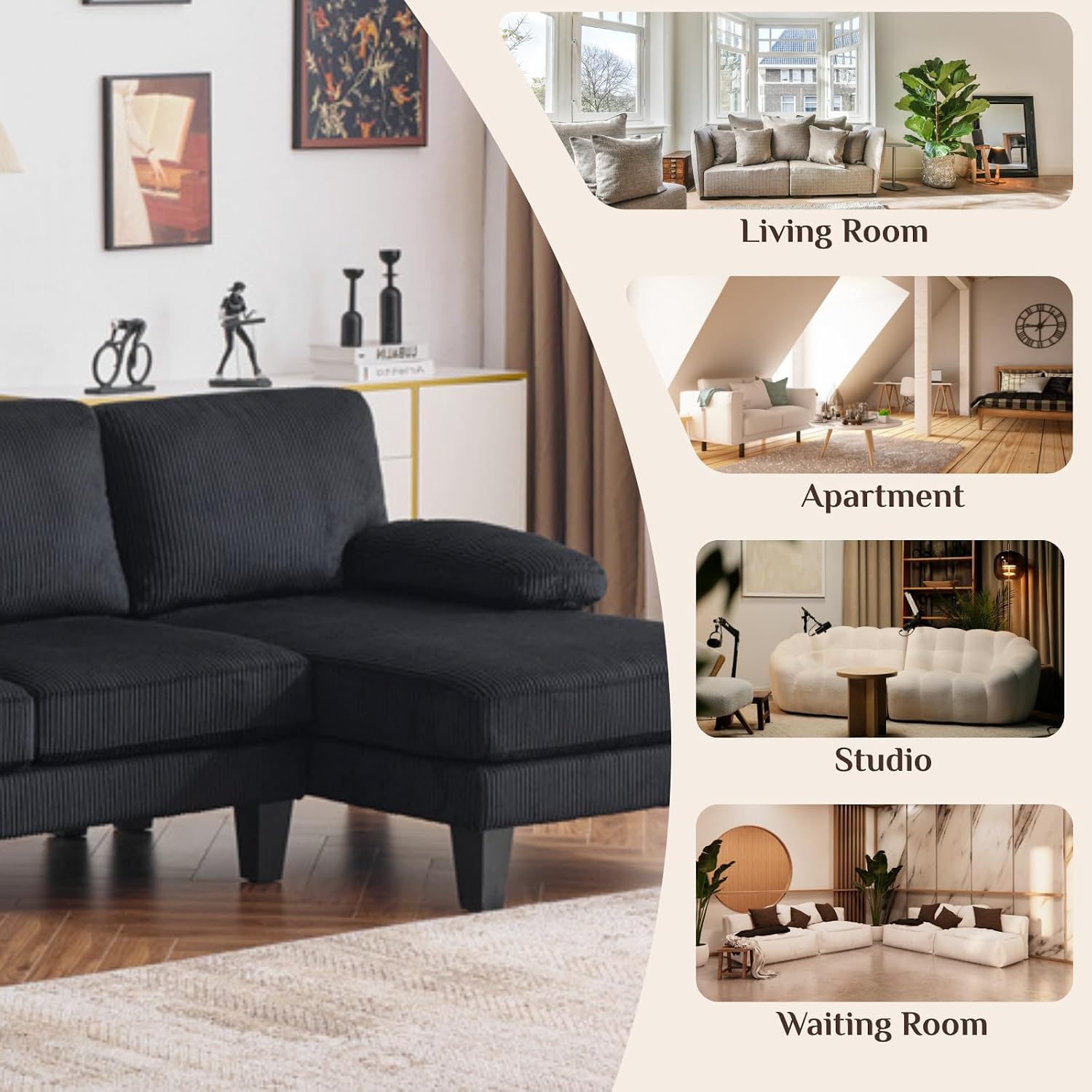 Karl home U-Shape Sectional Sofa Couch 111' Modern 4-Seat Sofa with Chaises Corduroy Fabric Upholstered Covertible Couch with Wood Grain Legs for Living Room, Reception Room, Apartment, Black