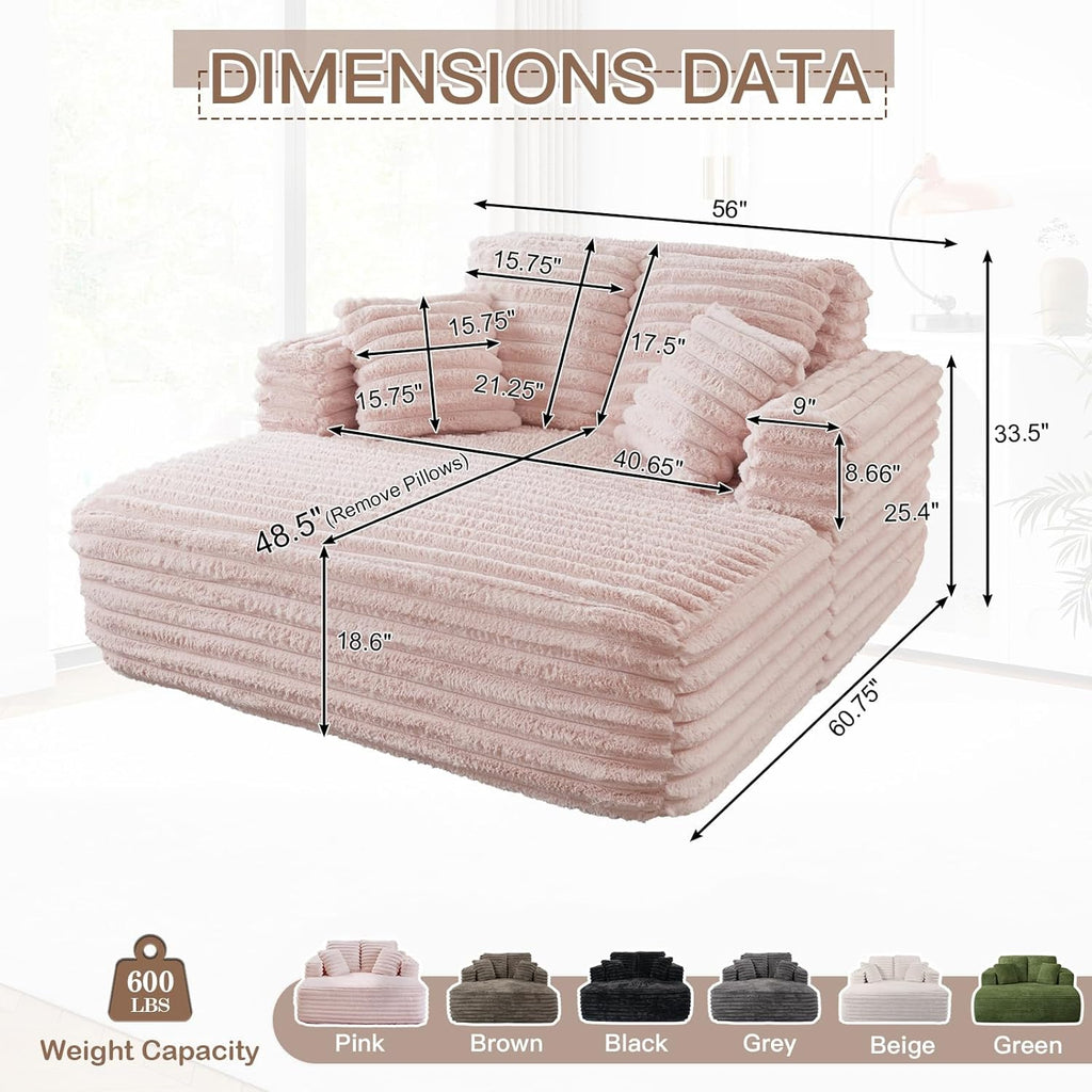 JEEOHEY 56' Oversized Chaise Lounge Chair Indoor,Plush Faux Fur Sleeper Sofa Couch Bed with Pillows&Wide Armrests,Fluffy Comfy Cloud Couch,Compression Foam Couch for Living Room,Bedroom(Pink)