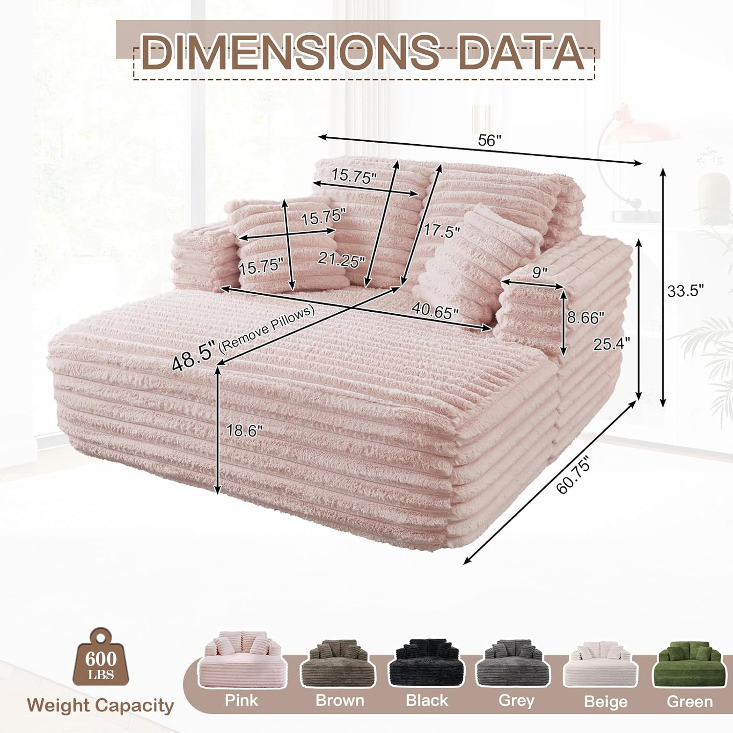 JEEOHEY 56' Oversized Chaise Lounge Chair Indoor,Plush Faux Fur Sleeper Sofa Couch Bed with Pillows&Wide Armrests,Fluffy Comfy Cloud Couch,Compression Foam Couch for Living Room,Bedroom(Pink)