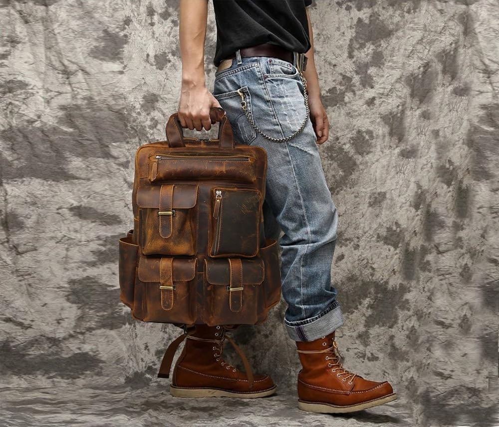 Jaald Leather Laptop Backpack Rucksack Multipocket Full Grain Leather Gaming Laptop Bag School Daypack For Men Anti-Theft Pocket Brown