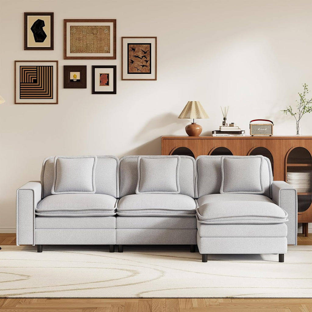 MALOL Modular Sectional Sofa 107', Comfy Cloud Couch with Ottoman, Deep 4-Seat L Shaped Modular Sofa, Couches with Throw Pillows for Living Room, Light Grey