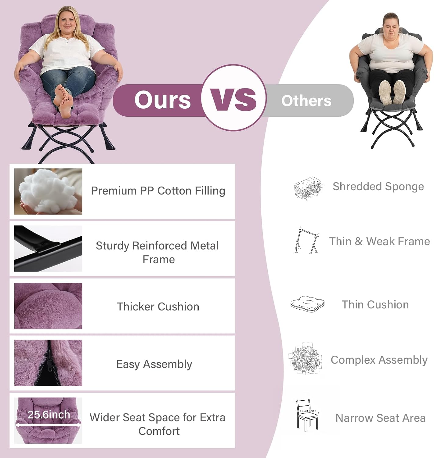 MBOOYOME Lazy Chair with Ottoman, Modern Accent Lounge Armchair with Side Pocket & Foldable Footstool, Leisure Reading Chair for Living Room, Bedroom, Dorm & Office, Plush Purple
