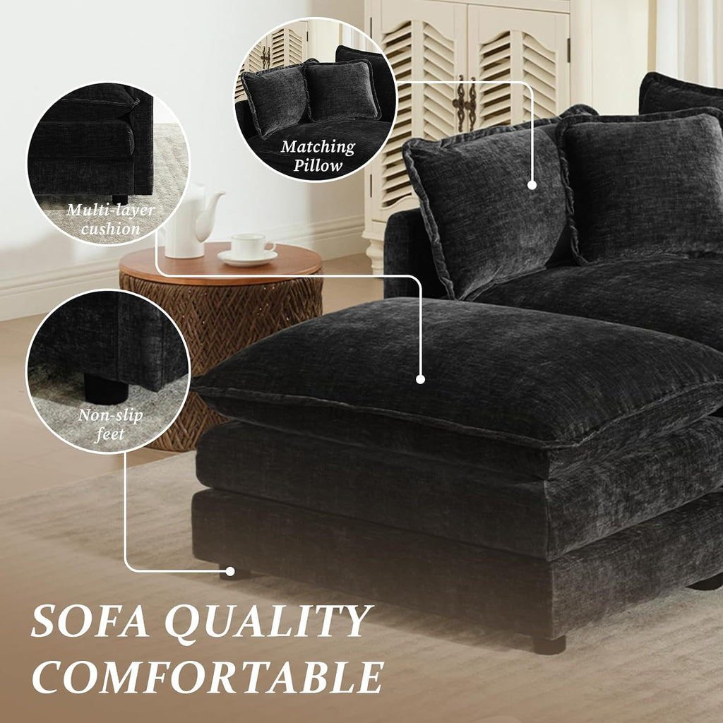 SoarFlash Chenille Sectional Sofa, Comfy Modular Coush Sofa with Ottoman, Modern 2 Seat Recliner Deep Seat Sofa Set for Living Room,Black