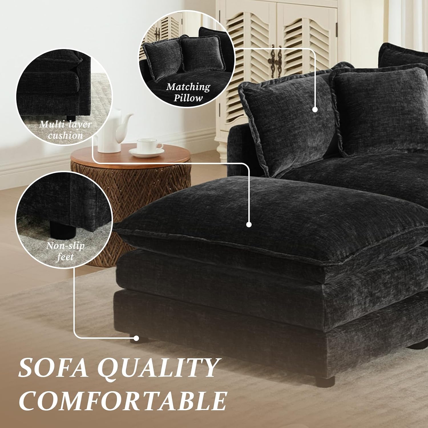 SoarFlash Chenille Sectional Sofa, Comfy Modular Coush Sofa with Ottoman, Modern 2 Seat Recliner Deep Seat Sofa Set for Living Room,Black