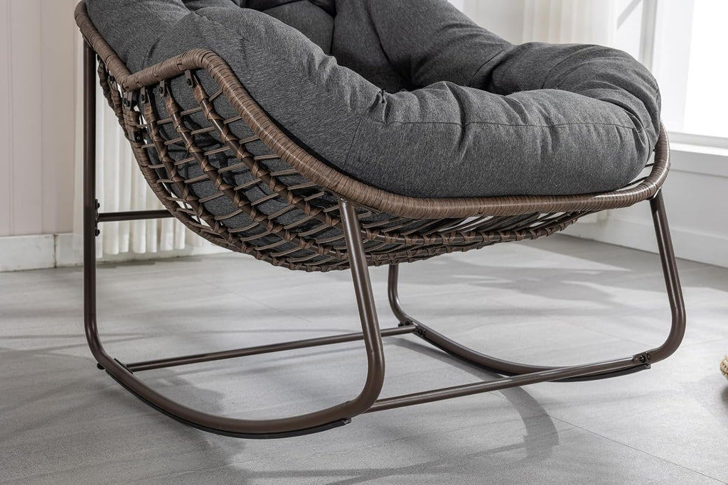 Outside Rattan Rocking Chair with Wicker Cushion, Oversized Lounge Papasan Chair, Outdoor Camping Chairs Patio Furniture for Garden, Balcony, Front Porch & Living Room, Grey1