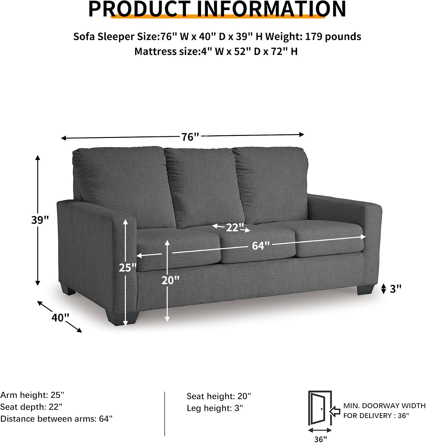 Signature Design by Ashley Rannis Casual 2-in-1 Sofa Sleeper with Folding Gel Memory Foam Mattress, Full, Gray