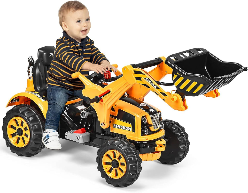 Costzon Ride on Excavator, 12V Battery Powered Construction Vehicles for Kids with Front Loader, Horn, Safety Belt, Treaded Wheels, Ride on Bulldozer Truck, Excavator Ride on Toy Gift for Boys Girls