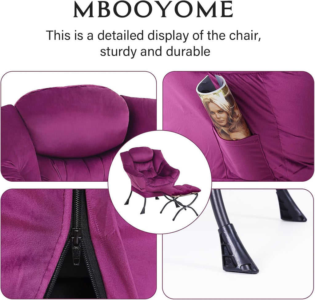 MBOOYOME Lazy Chair with Folding Ottoman, Modern Accent Armchair with Armrests, Side Pocket & Foldable Footstool, Reading Chair for Living Room, Bedroom, Dorm & Office, Velvet Purple