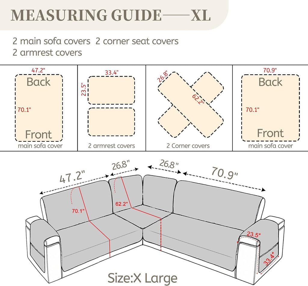 Sectional Couch Covers for Dogs 100% Waterproof Corner L Shaped Sofa Cover Pet Friendly Velvet Washable Anti Slip L Shape Modular Sofa Slipcover Protector with Pockets (Beige, X-Large)