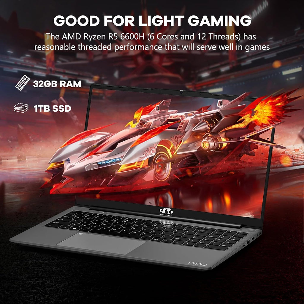 NIMO 15.6'' FHD IPS Business-Laptop-Computer - 6 Cores AMD Ryzen 5 6600H, 32GB DDR5 RAM 1TB SSD(Beat Ryzen 7 5700U, Up to 4.5GHz), 100W Type-C, 6 Cores 660M GPU, Fingerprint, Backlit Keyboard