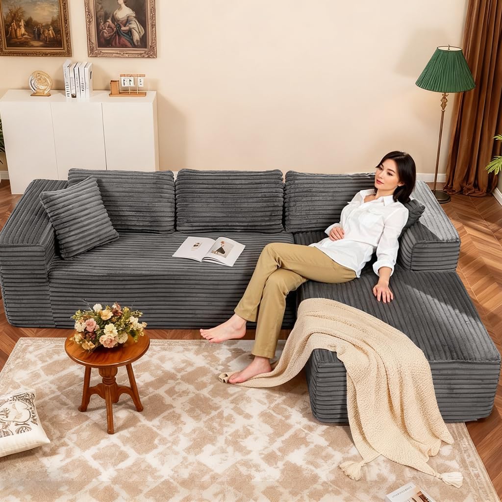 COMHOMA 105'Modular Sectional Sofa with Deep Seat,Cloud Upholstered L-Shape Couch Wide Arms Corduroy Fabric High-Density Foam Chaise Lounge for Living Room No Assembly Required