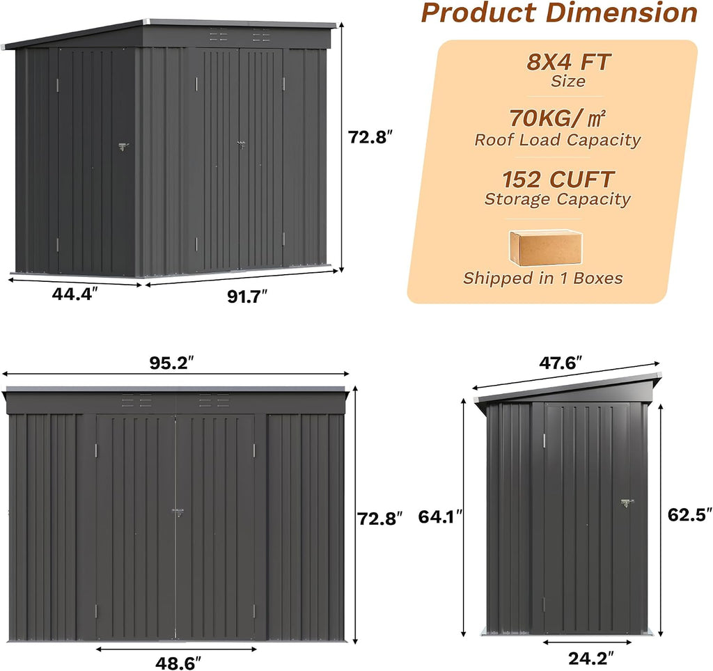 Greesum 8x4FT Outdoor Storage Shed, Metal Shed with Triple Lockable Door, Utility Tool Storaged Garden Shed with Slopping Roof for Patio Storage, Black