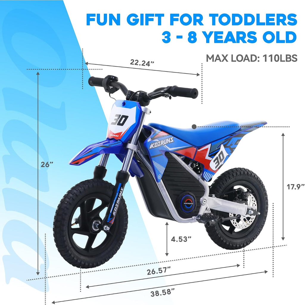 OLALA 36V Electric Dirt Bike for Kids 3-6, 250W Brushless Motor with 3-Speed Control, 15.5 MPH Max Speed, 12' Off-Road Tires Motorcycle, for Boys & Girls, Blue