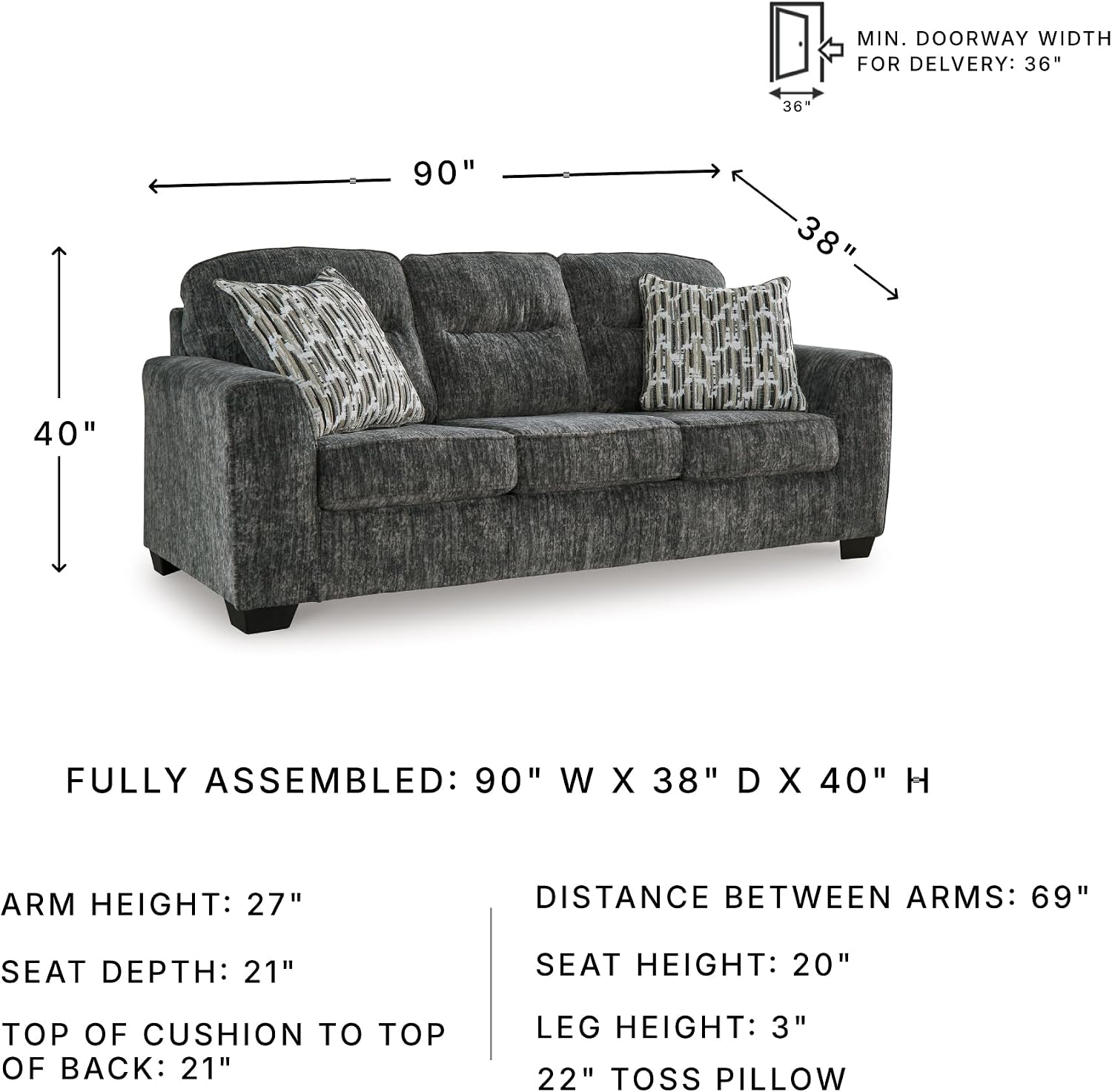 Signature Design by Ashley Lonoke Modern Sofa with 2 Accent Pillows, Gray