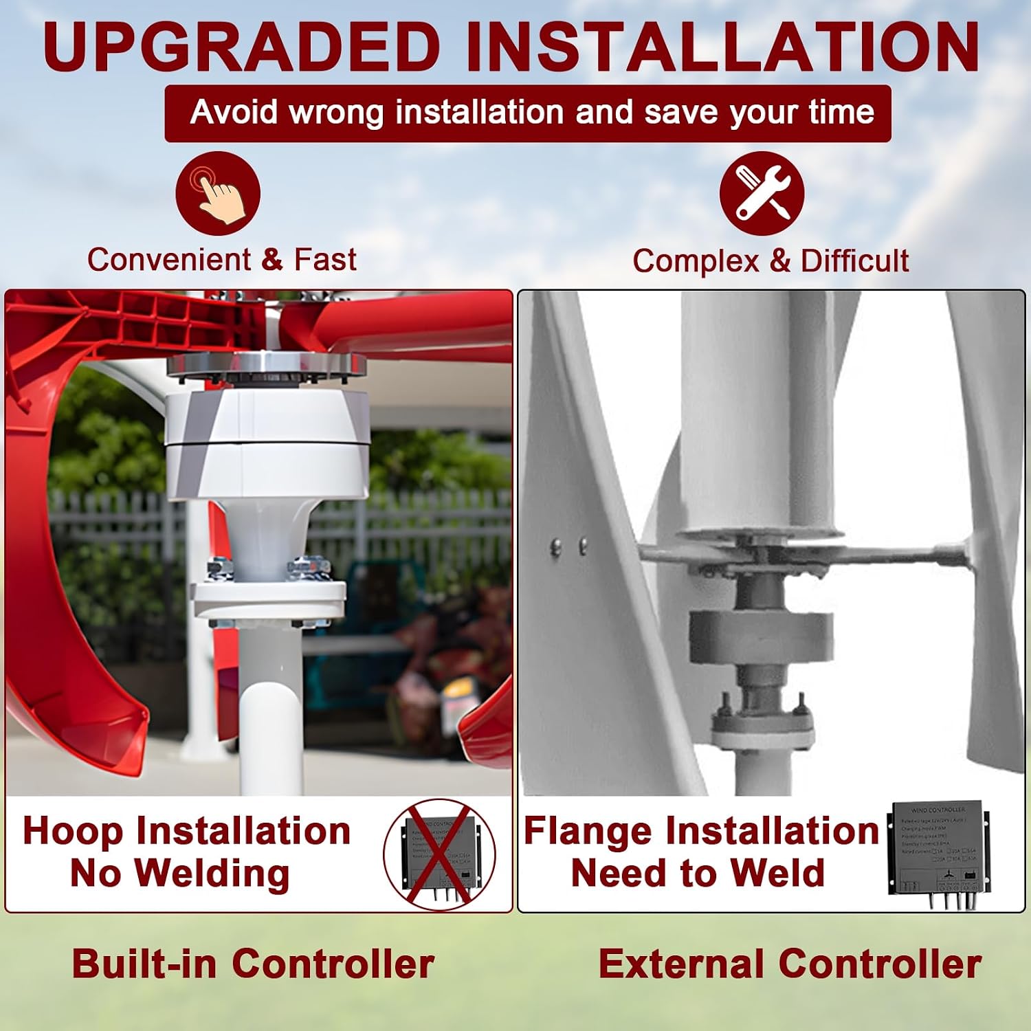 Portable Wind Turbines 1000W 12V/24V Wind Turbines Generator, 5-Blade Auto Adjust Wind Vertical Generator Kit,generador eolico para casa,for Motor Home, Chalet, Boat, Terrace Red