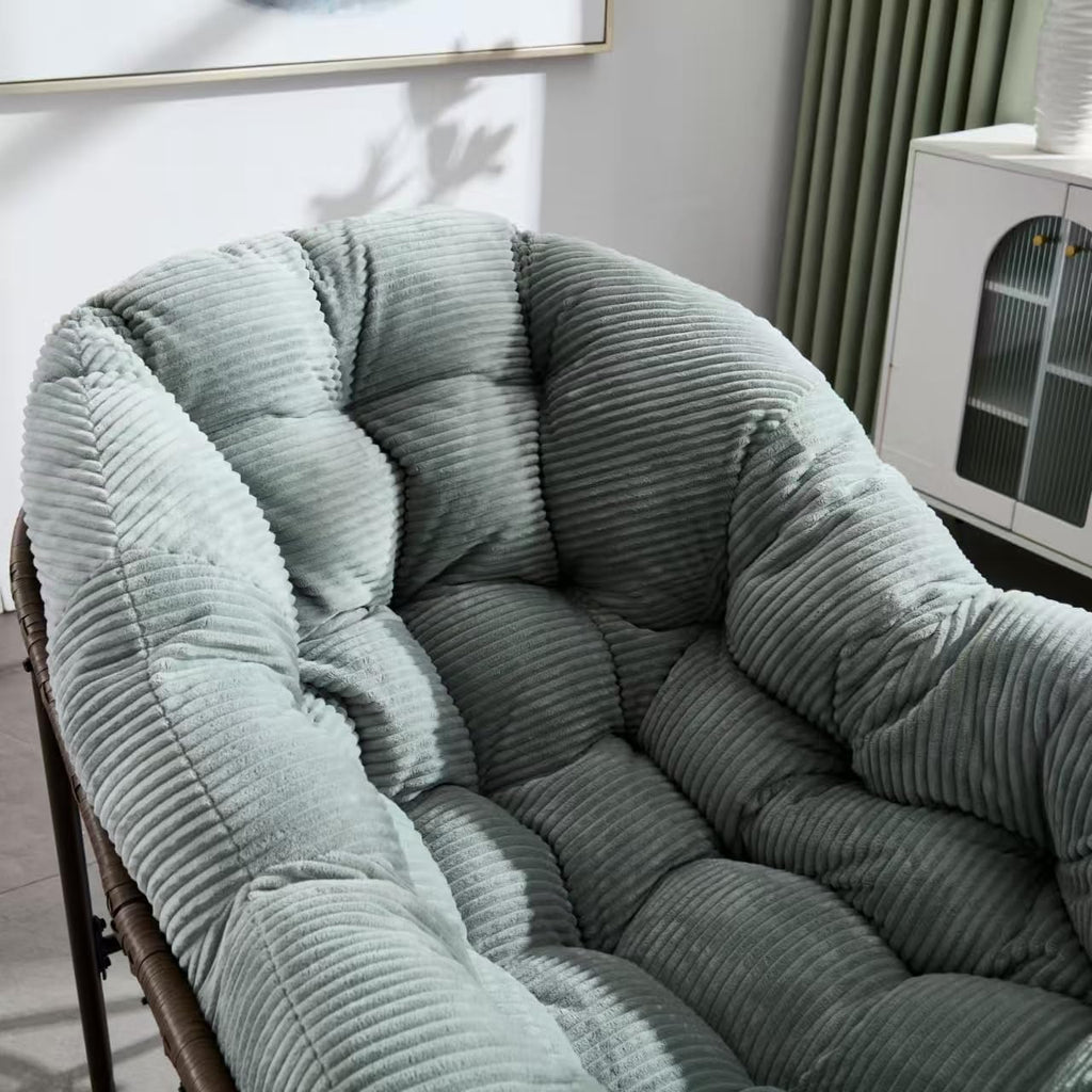 Outdoor Rattan Rocking Chair Oversized Papasan Recliner Lounger, Steel Frame & Thick Corduroy Cushion, Indoor/Outdoor Use for Patio, Porch, Backyard, Garden, Balcony, Light Green