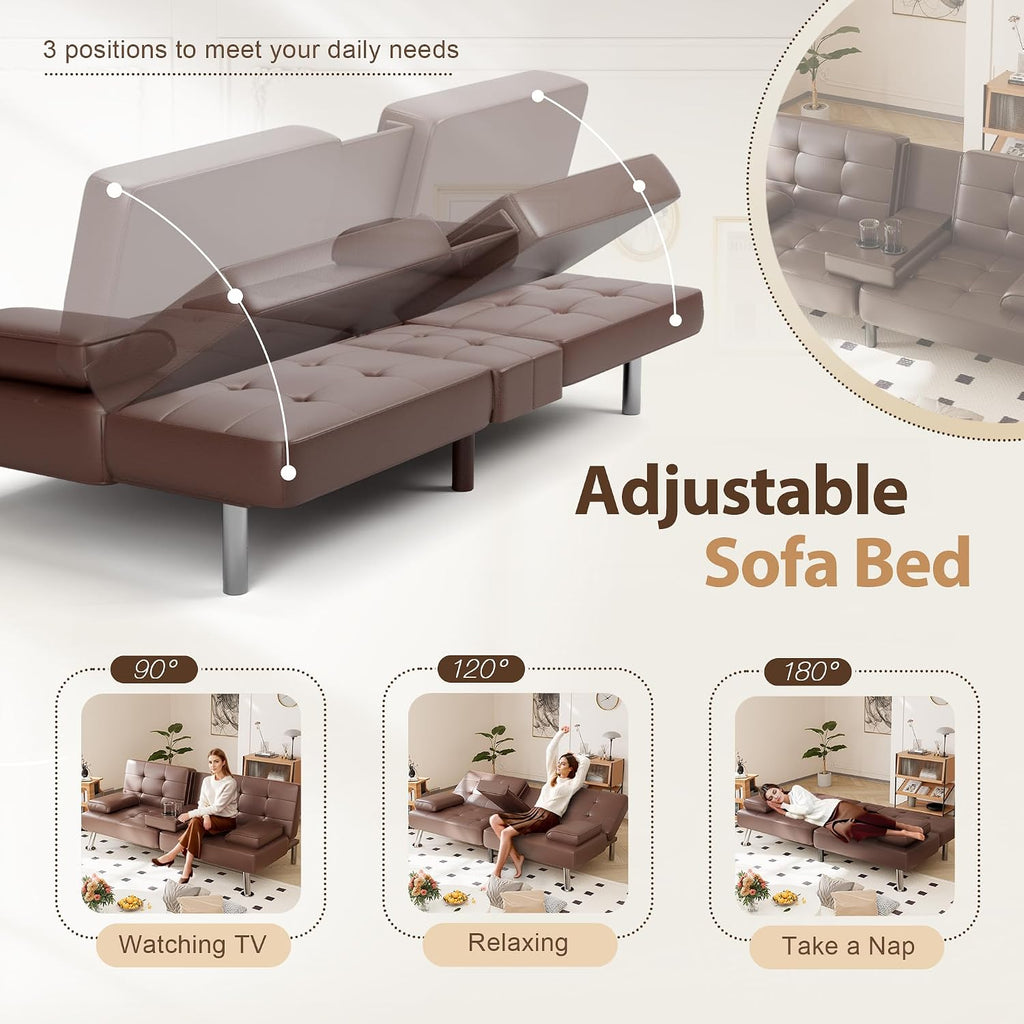 Shahoo Convertible Folding Futon Sofa Bed Sleeper Couch for Living Room Faux Leather Upholstered Loveseat w/Removable Armrests, Metal Legs, 2 Cup Holders, Brown