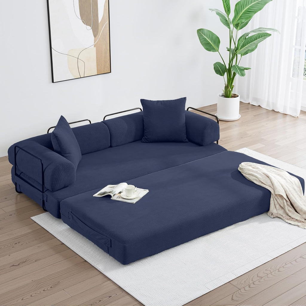 ZEIINPA Convertible Sleeper Sofa Bed with Cylindrical Pillow, Corduroy Folding Boneless Couch with Fixed-Shape Frame, Floor Sofa Lounge Couch for Living Room Bedroom Lounge Studio-Blue
