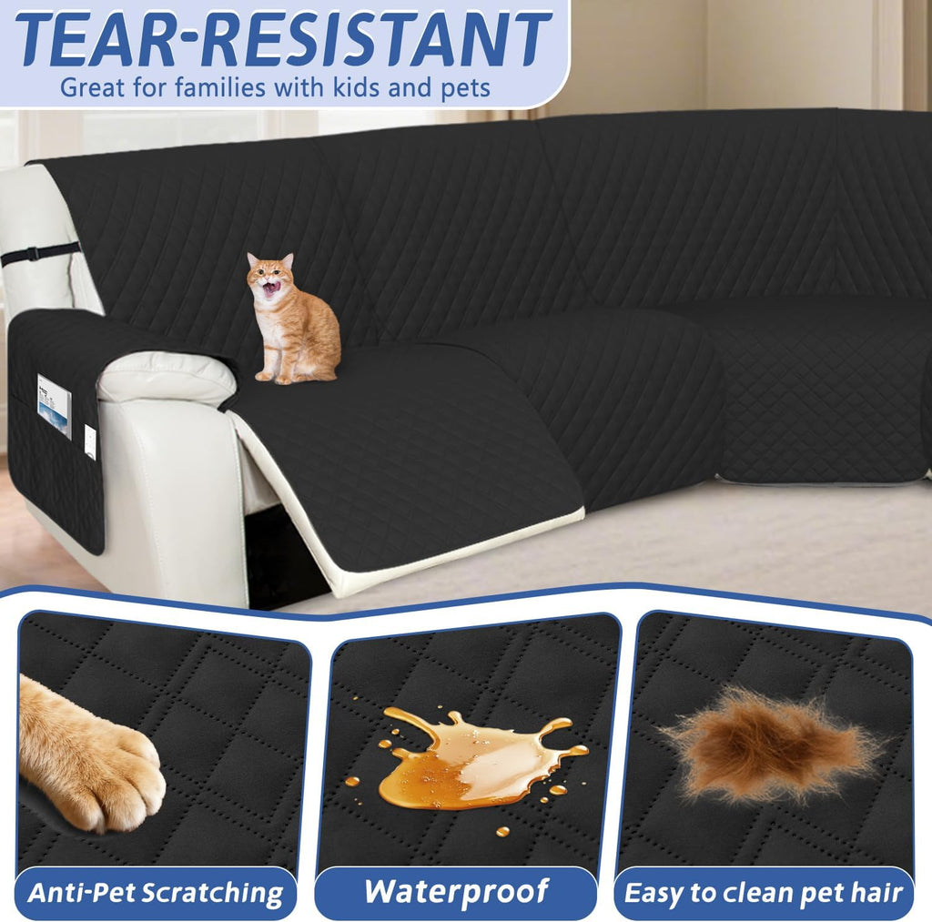 Arfntevss Recliner Sectional Couch Covers 1OO% Waterproof L Shape Sofa Cover for Reclining L Shaped Sectional Slipcover Set Dog Washable Corner Non Slip Furniture Protector (XL 5 Seater, Black)